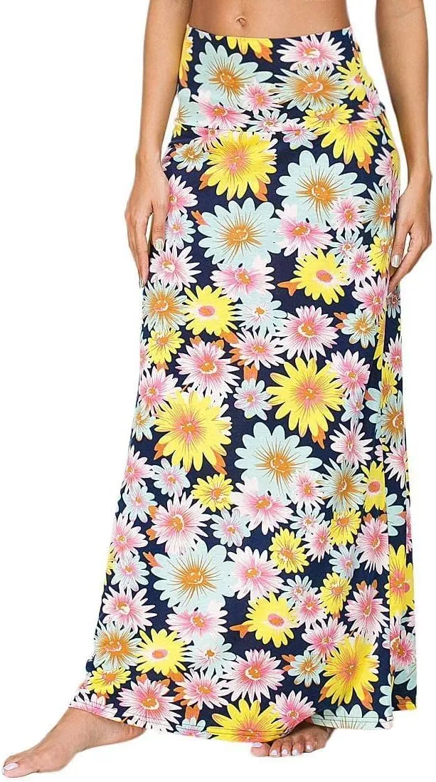 Women's Boho Flod Over Long Maxi Skirt Elastic High Waisted Long Skirts for Women