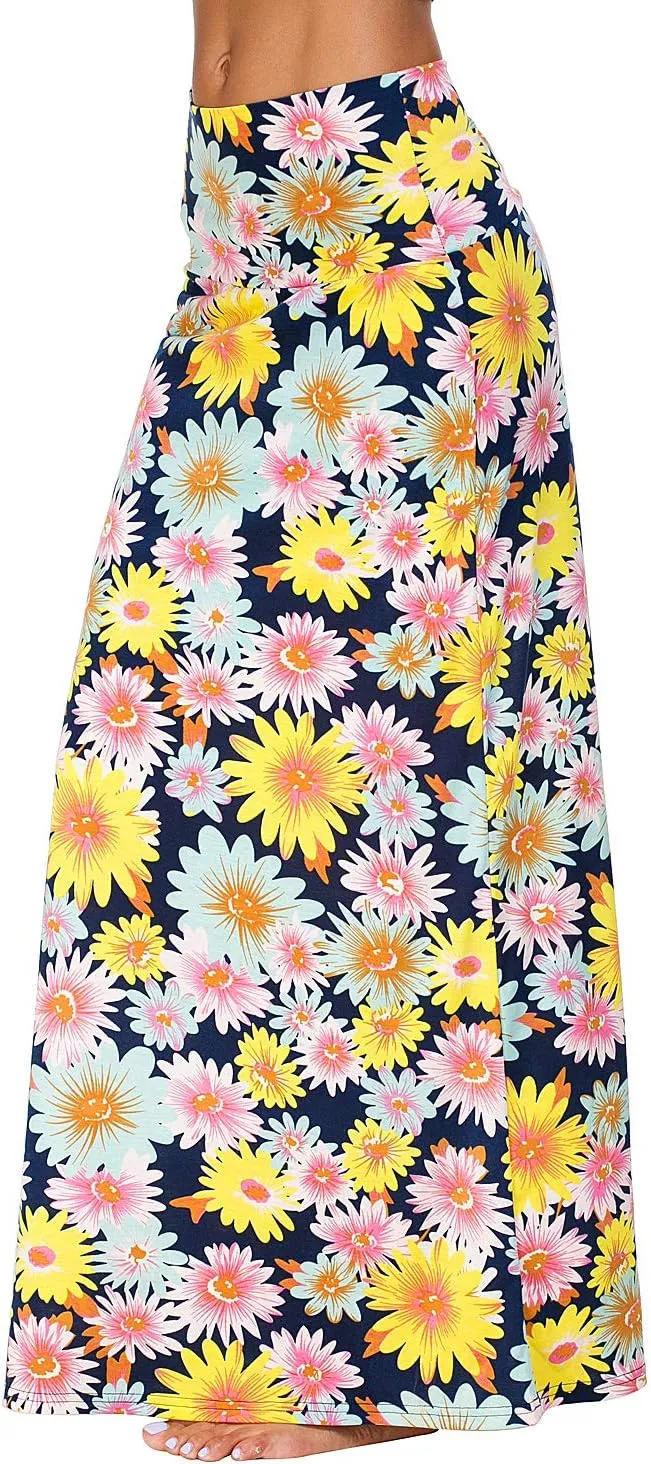 Women's Boho Flod Over Long Maxi Skirt Elastic High Waisted Long Skirts for Women