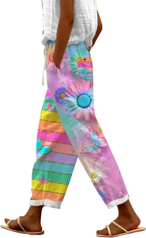Women's Boho Floral Linen Pants Casual Elastic High Waisted Wide Leg Summer Beach Trousers with Pockets Plus Size