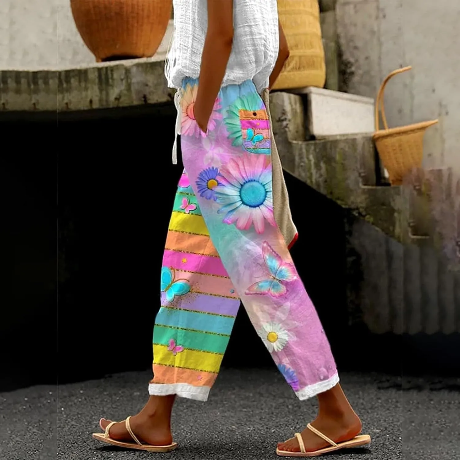Women's Boho Floral Linen Pants Casual Elastic High Waisted Wide Leg Summer Beach Trousers with Pockets Plus Size