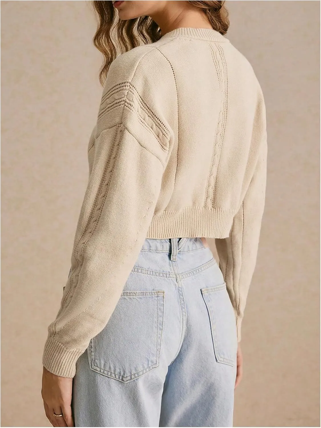 Women's Bow Tie Cardigan Sweater Crew Neck Crop Tops Drop Shoulder Long Sleeve Lightweight Fall Outifit