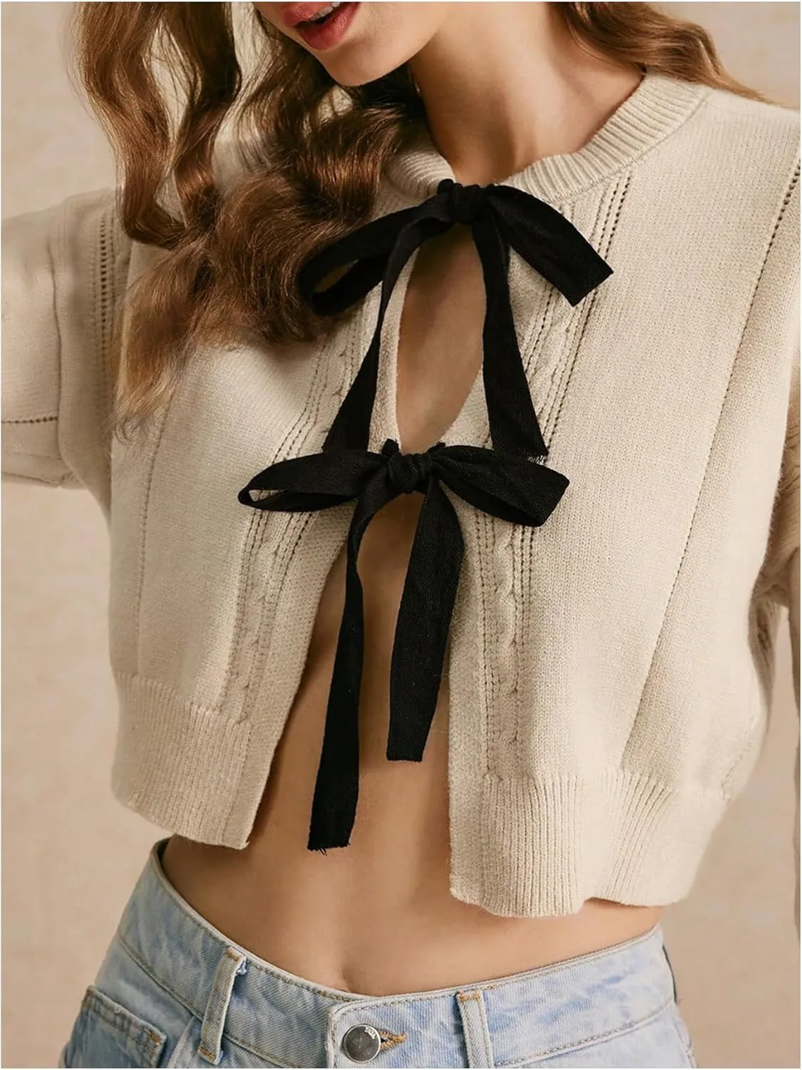 Women's Bow Tie Cardigan Sweater Crew Neck Crop Tops Drop Shoulder Long Sleeve Lightweight Fall Outifit