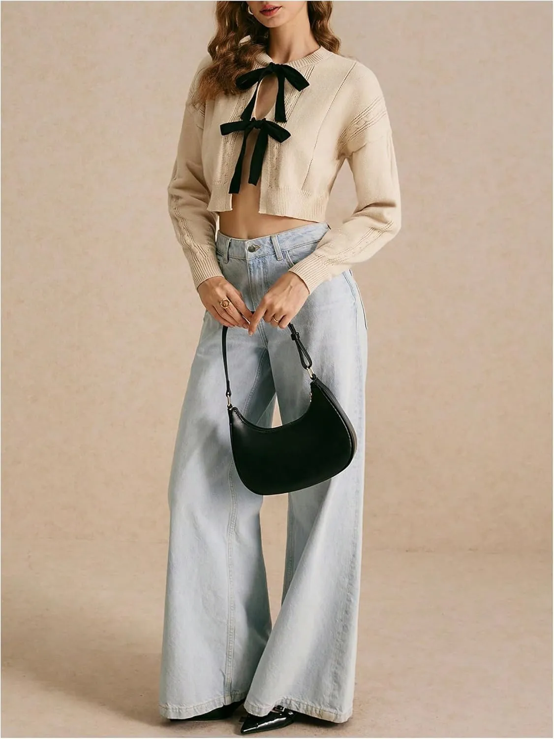 Women's Bow Tie Cardigan Sweater Crew Neck Crop Tops Drop Shoulder Long Sleeve Lightweight Fall Outifit