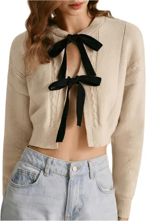 Women's Bow Tie Cardigan Sweater Crew Neck Crop Tops Drop Shoulder Long Sleeve Lightweight Fall Outifit
