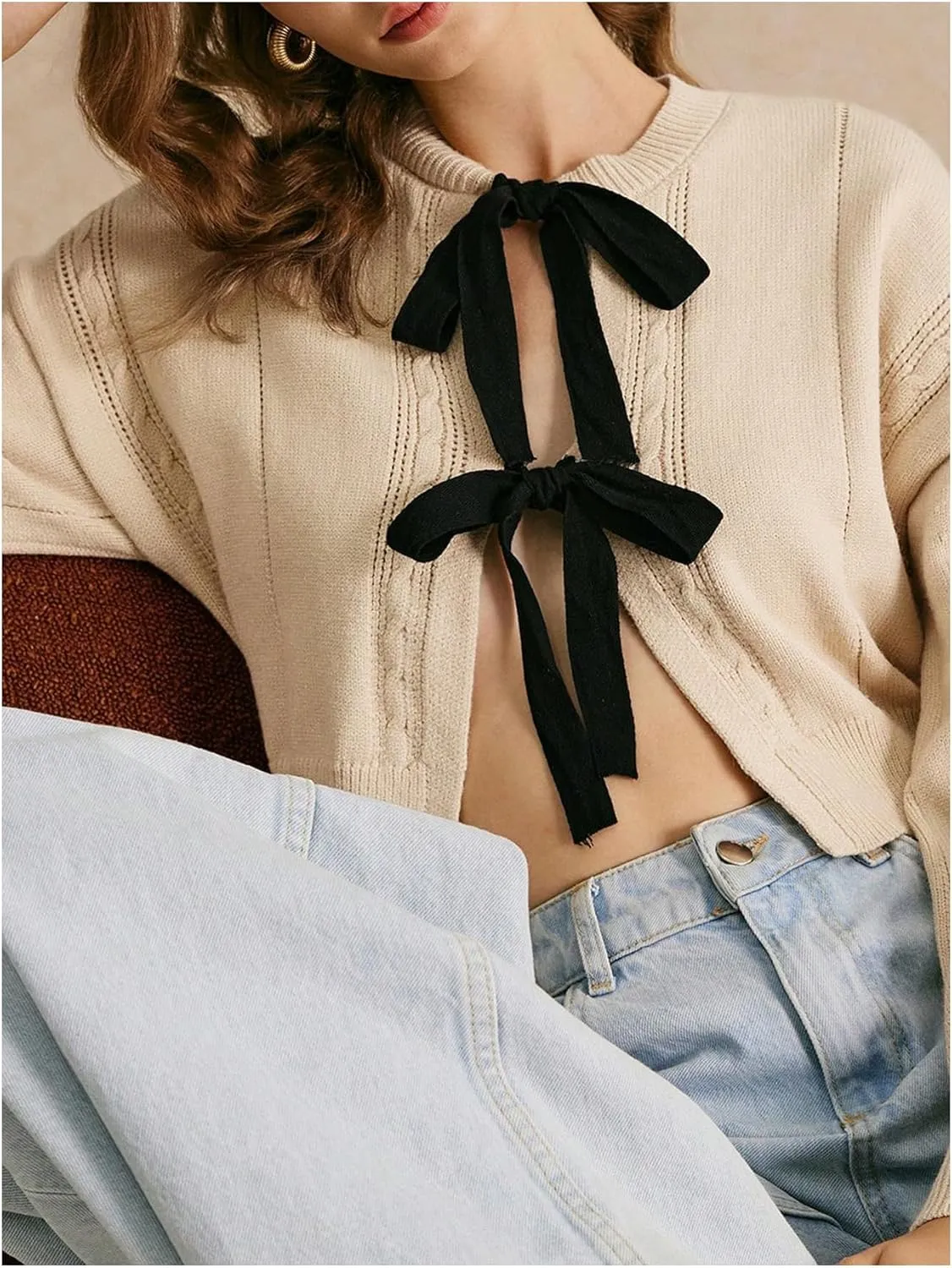 Women's Bow Tie Cardigan Sweater Crew Neck Crop Tops Drop Shoulder Long Sleeve Lightweight Fall Outifit