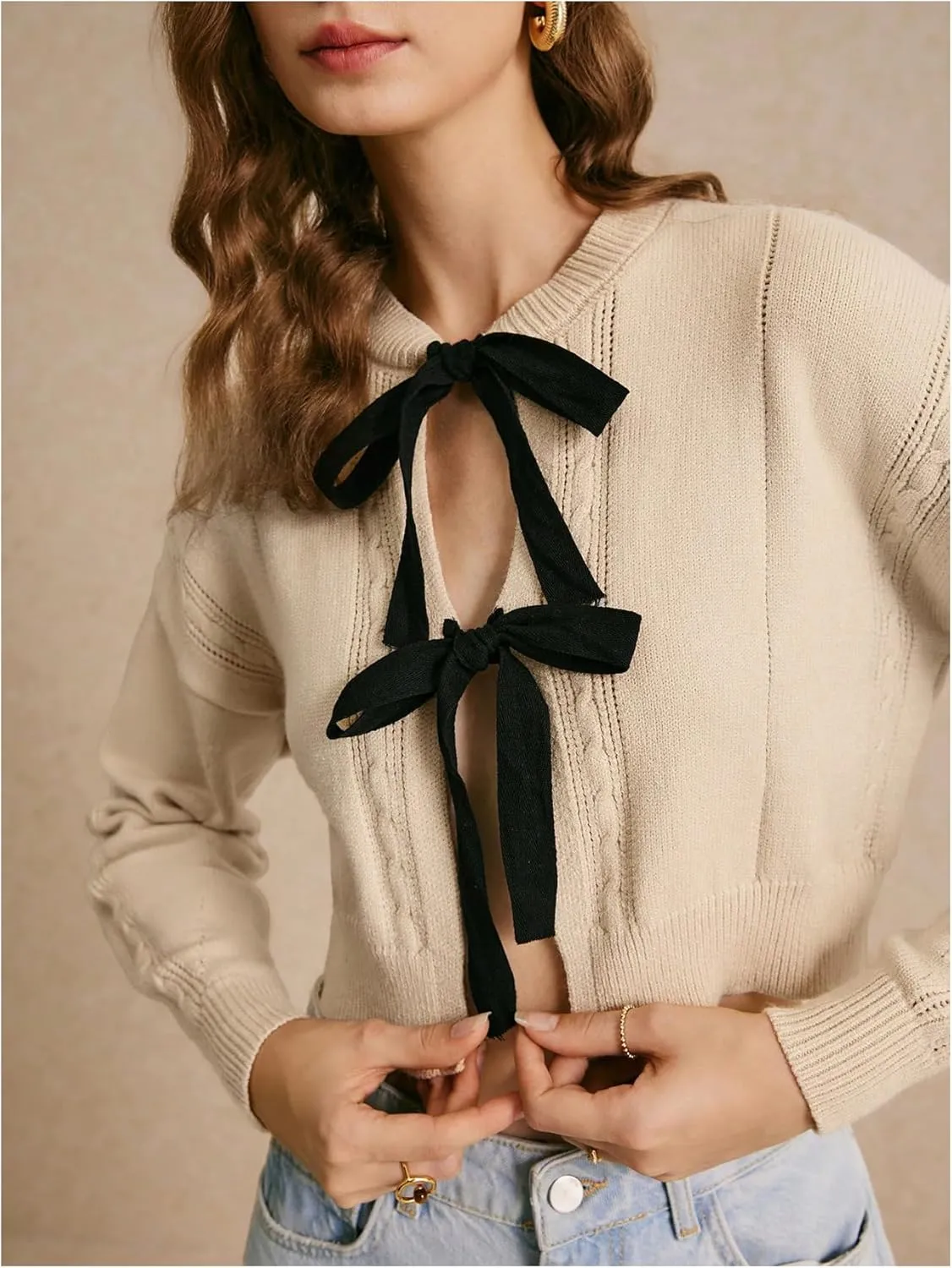 Women's Bow Tie Cardigan Sweater Crew Neck Crop Tops Drop Shoulder Long Sleeve Lightweight Fall Outifit