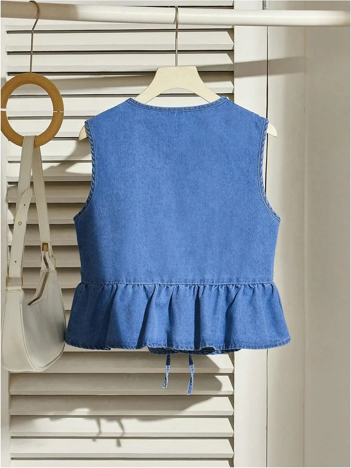 Women's Bow Tie Front Denim Vest Jacket Ruffle Hem Jean Vest Sleeveless Peplum Tank Tops Streetwear