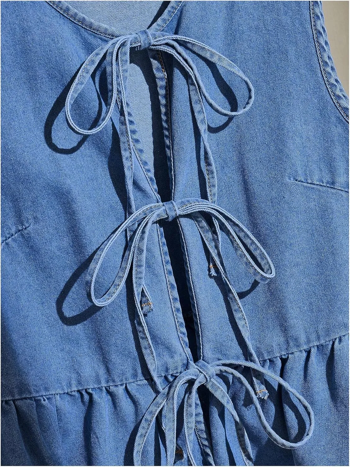 Women's Bow Tie Front Denim Vest Jacket Ruffle Hem Jean Vest Sleeveless Peplum Tank Tops Streetwear