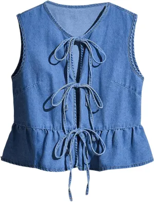 Women's Bow Tie Front Denim Vest Jacket Ruffle Hem Jean Vest Sleeveless Peplum Tank Tops Streetwear