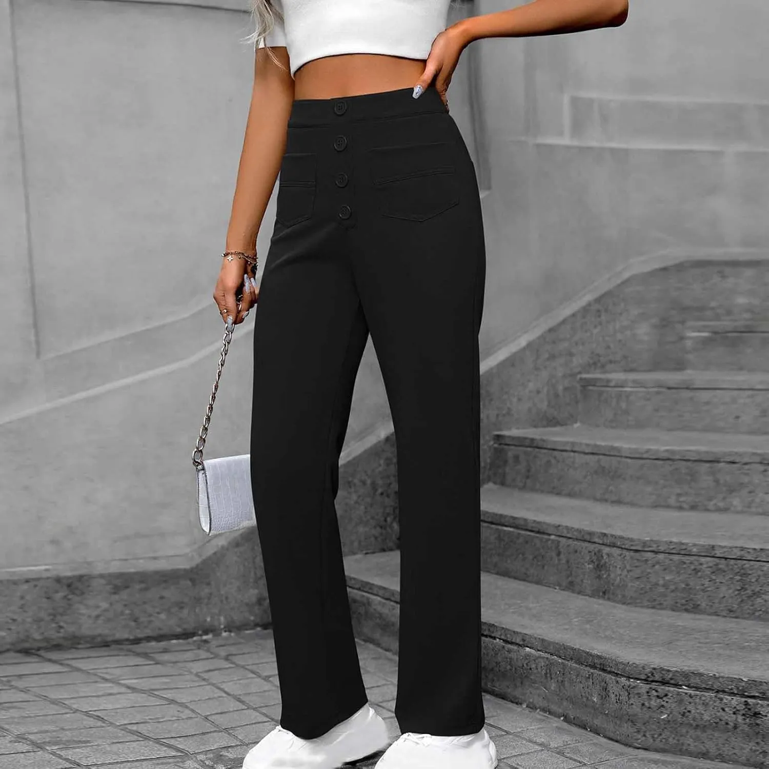 Women's Business Pants Casual Straight Leg High Elastic Waist Trousers Solid Color Stretch Long Pants with Pockets