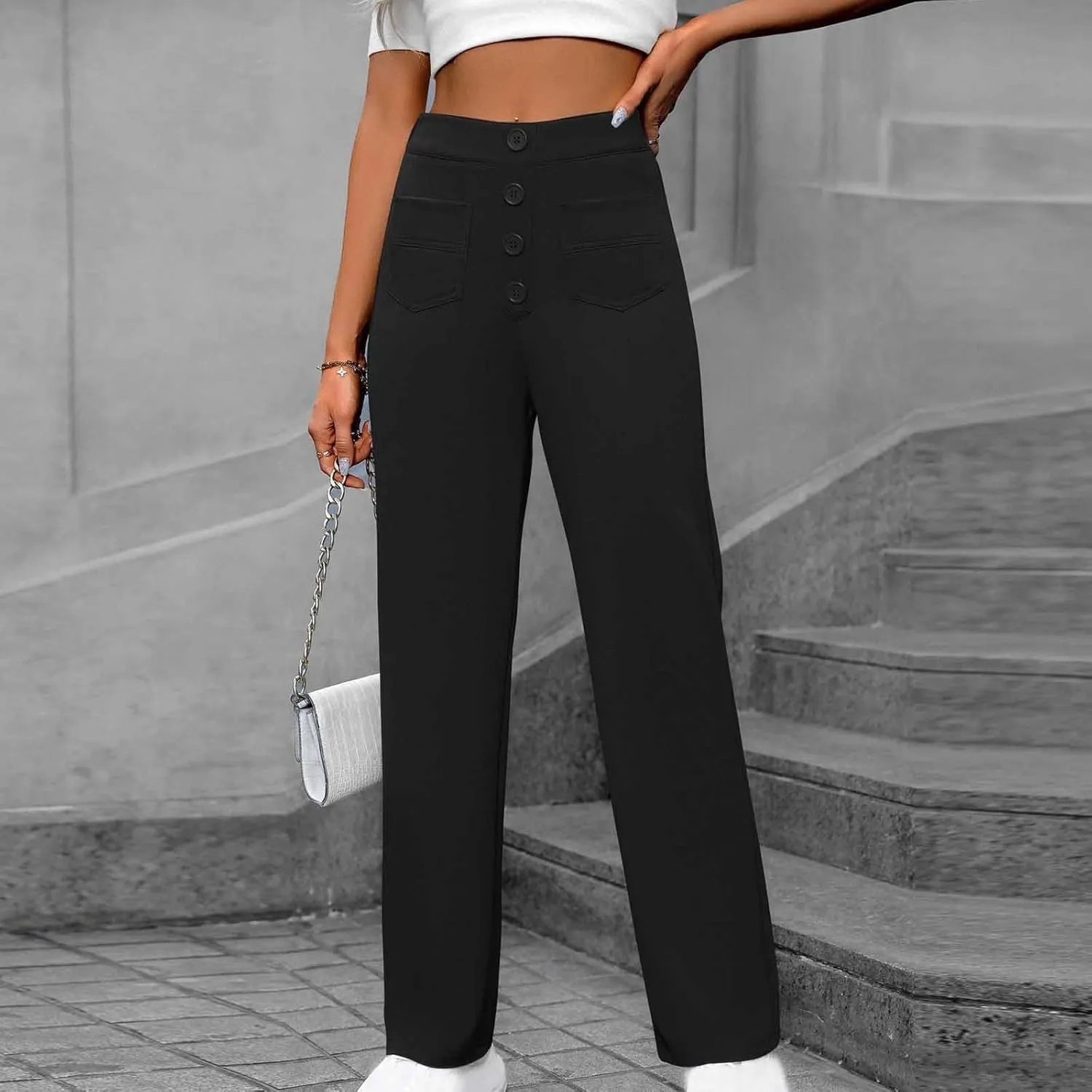 Women's Business Pants Casual Straight Leg High Elastic Waist Trousers Solid Color Stretch Long Pants with Pockets
