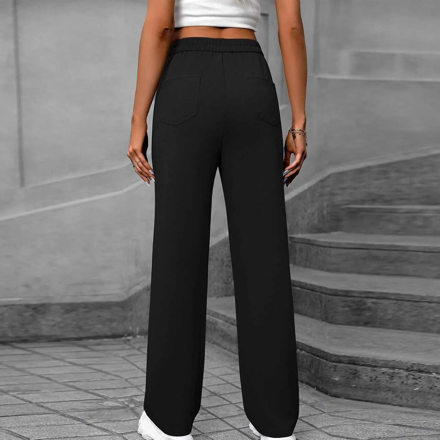 Women's Business Pants Casual Straight Leg High Elastic Waist Trousers Solid Color Stretch Long Pants with Pockets