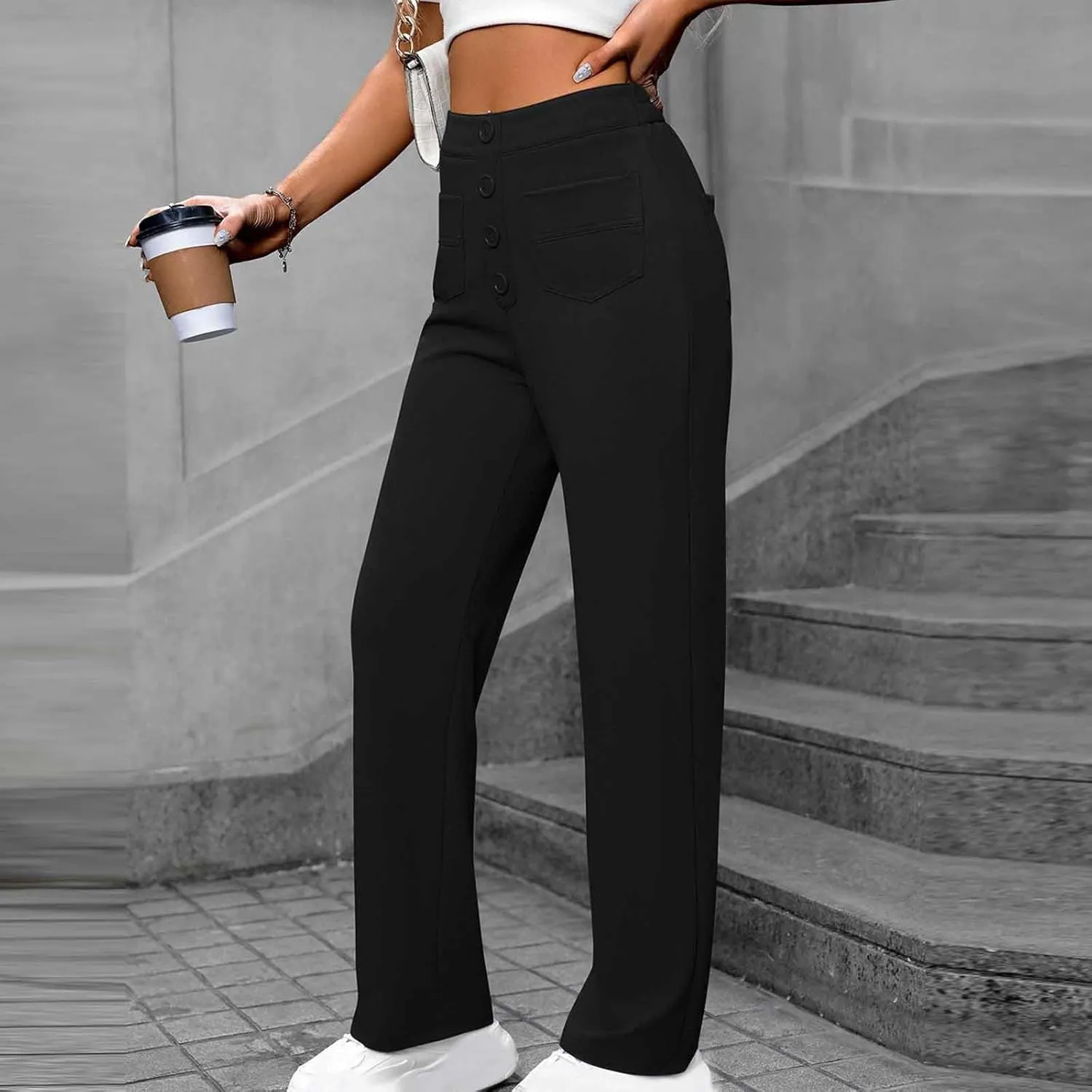 Women's Business Pants Casual Straight Leg High Elastic Waist Trousers Solid Color Stretch Long Pants with Pockets