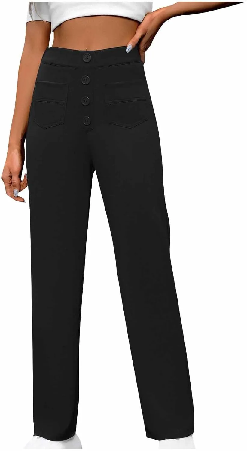 Women's Business Pants Casual Straight Leg High Elastic Waist Trousers Solid Color Stretch Long Pants with Pockets
