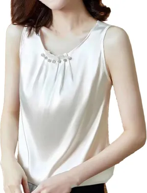 Women's Camisole Loose Clothes O Neck Basic White Sleeveless Satin Silk Tank Tops