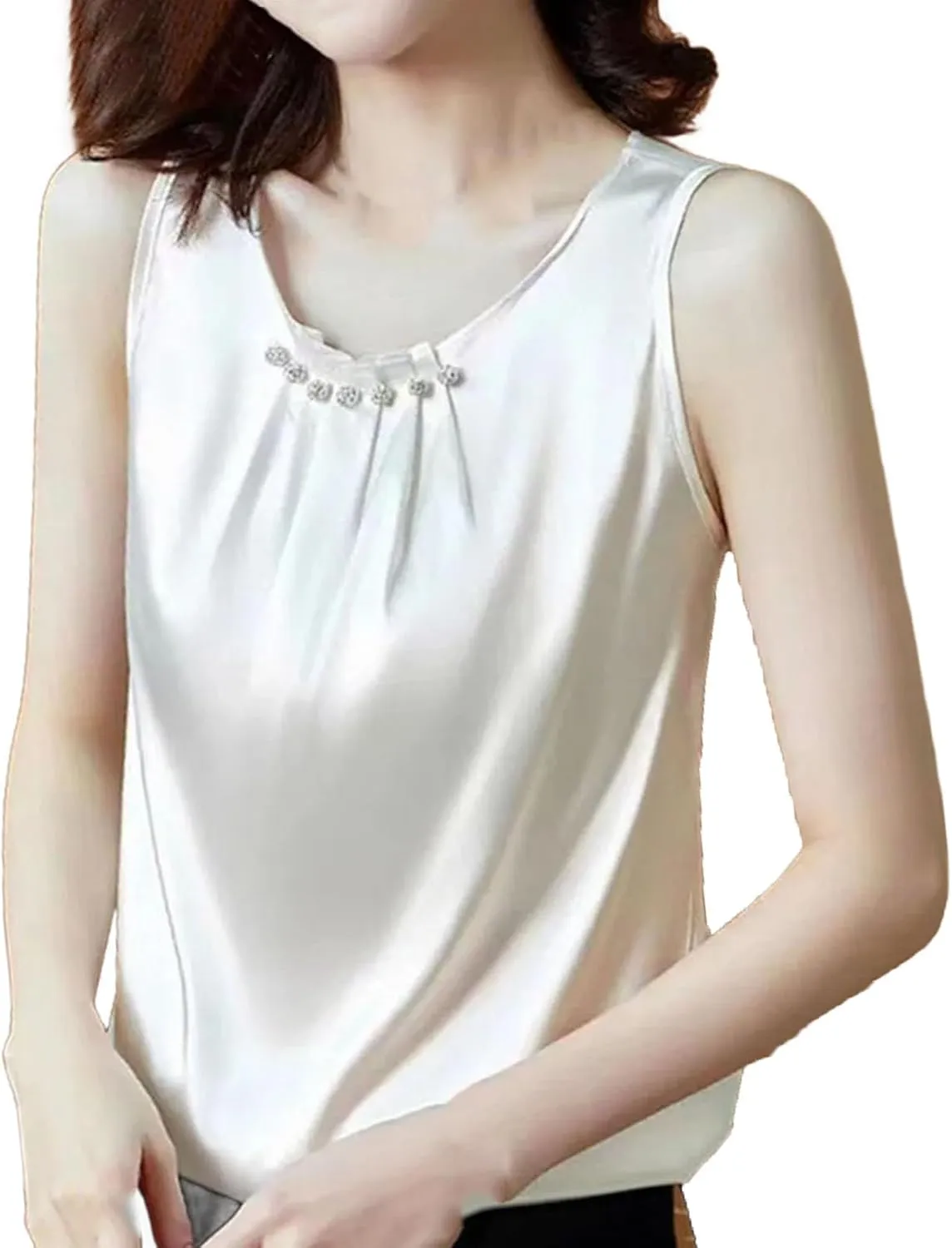 Women's Camisole Loose Clothes O Neck Basic White Sleeveless Satin Silk Tank Tops