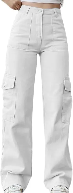 Womens Cargo Pants High Waist Baggy Cargo Jeans Flap Pocket Denim Pants Casual Straight Leg Trousers Y2K Streetwear