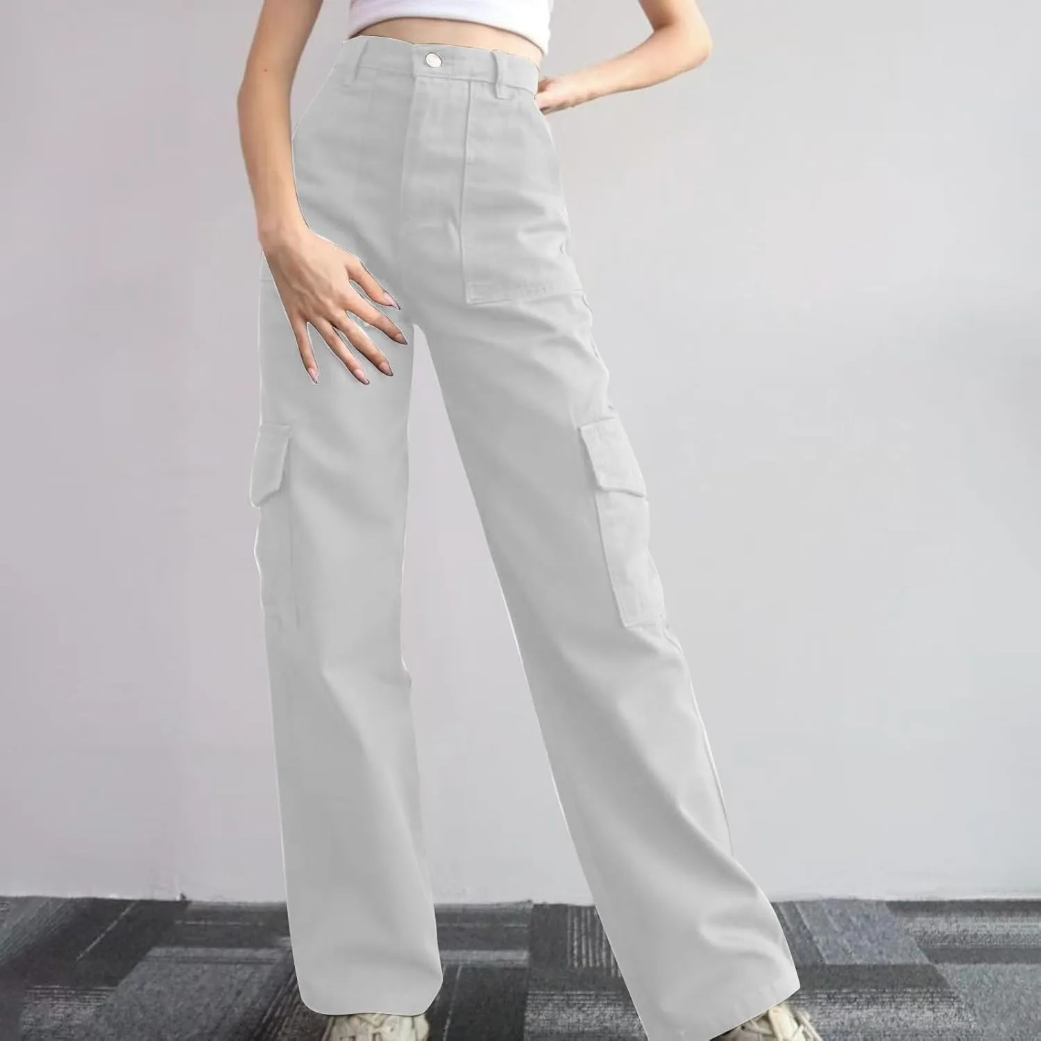 Womens Cargo Pants High Waist Baggy Cargo Jeans Flap Pocket Denim Pants Casual Straight Leg Trousers Y2K Streetwear