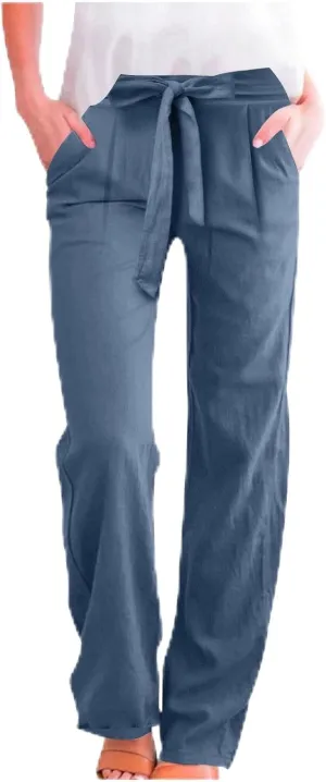 Womens Casual Cotton Linen Pants Elastic High Waist Drawstring Loose Fit Summer Pants Slacks Trousers with Pockets