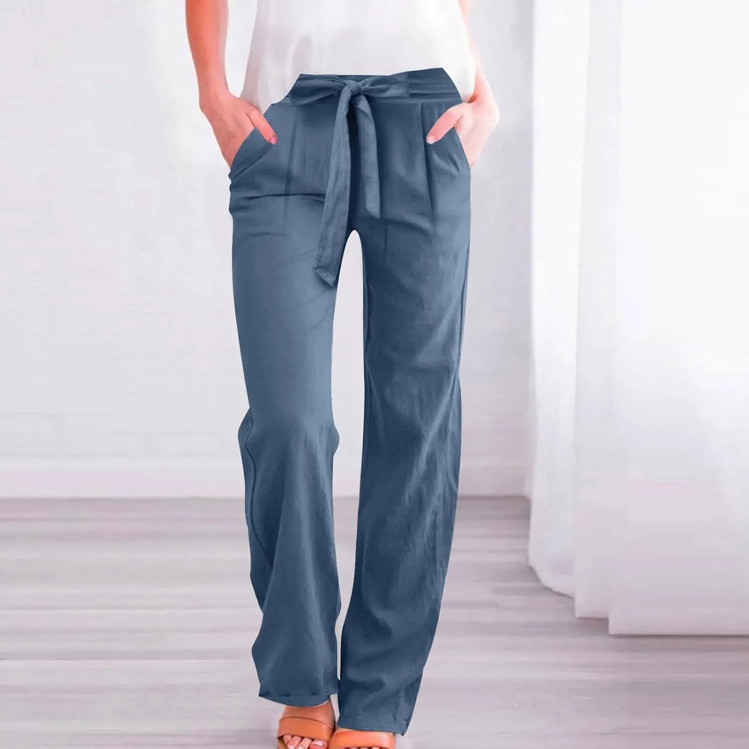 Womens Casual Cotton Linen Pants Elastic High Waist Drawstring Loose Fit Summer Pants Slacks Trousers with Pockets
