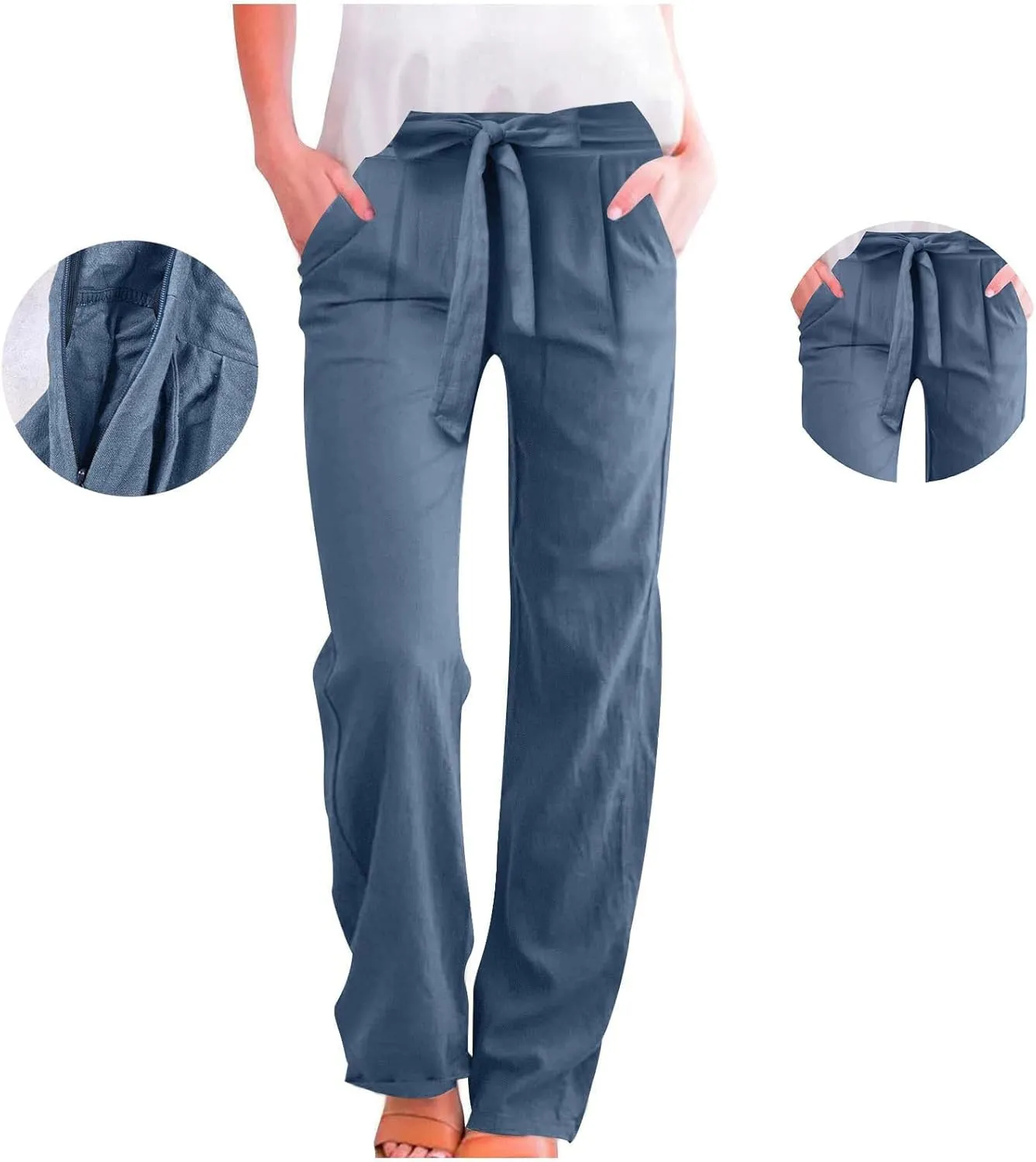 Womens Casual Cotton Linen Pants Elastic High Waist Drawstring Loose Fit Summer Pants Slacks Trousers with Pockets