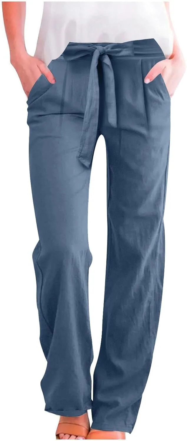 Womens Casual Cotton Linen Pants Elastic High Waist Drawstring Loose Fit Summer Pants Slacks Trousers with Pockets