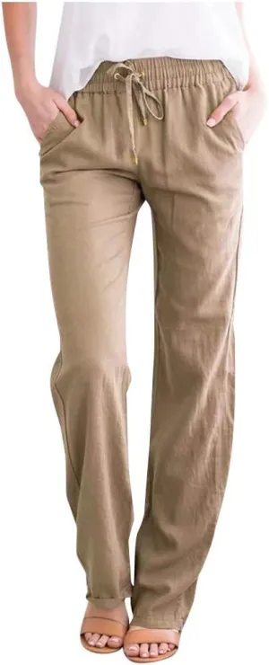 Womens Casual Cotton Linen Pants Lightweight Elastic Waist Pant Summer Lounge Pant Drawstring Trousers with Pockets