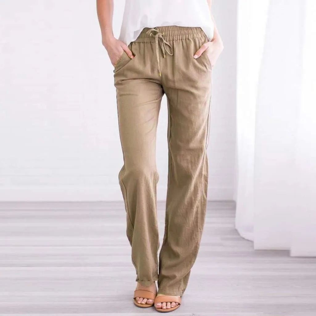 Womens Casual Cotton Linen Pants Lightweight Elastic Waist Pant Summer Lounge Pant Drawstring Trousers with Pockets