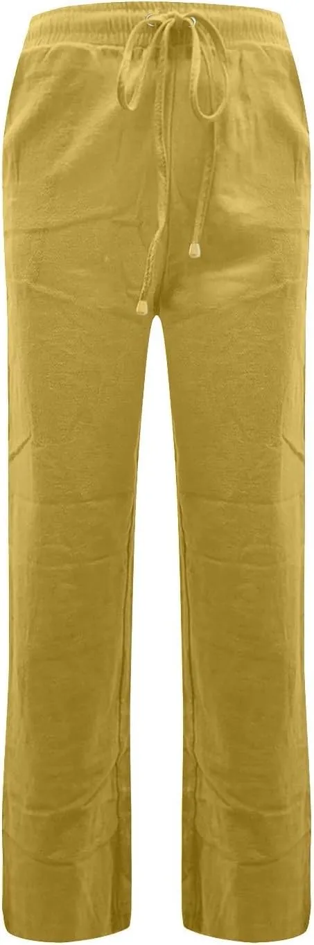 Women's Casual Cotton Linen Pants Summer Relax Fit Elastic Waist Straight Leg Comfy Solid Color Lounge Long Trouser