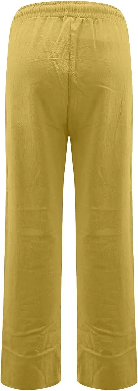 Women's Casual Cotton Linen Pants Summer Relax Fit Elastic Waist Straight Leg Comfy Solid Color Lounge Long Trouser