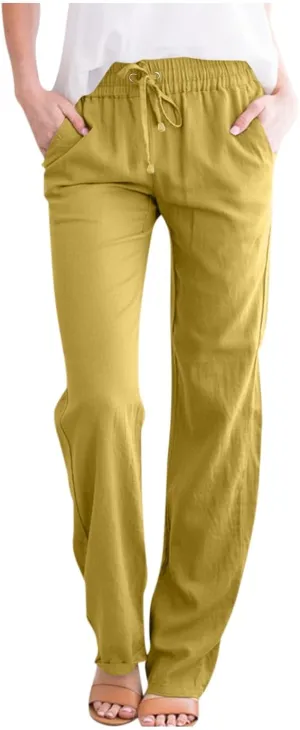 Women's Casual Cotton Linen Pants Summer Relax Fit Elastic Waist Straight Leg Comfy Solid Color Lounge Long Trouser