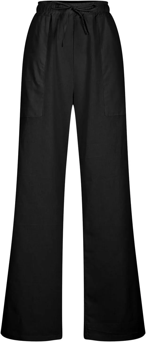 Womens Casual Cotton Pants Straight Leg Business Causal Slacks High Waist Drawstring Loose Fit Summer Beach Trousers