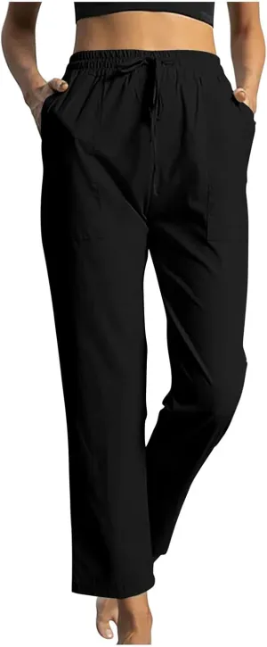 Womens Casual Cotton Pants Straight Leg Business Causal Slacks High Waist Drawstring Loose Fit Summer Beach Trousers