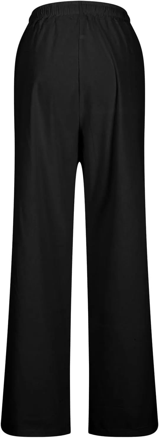 Womens Casual Cotton Pants Straight Leg Business Causal Slacks High Waist Drawstring Loose Fit Summer Beach Trousers