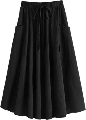 Women's Casual High Elastic Waist Solid Color A-Line Pleated Skirts Fall Spring Midi Skirt with Pocket