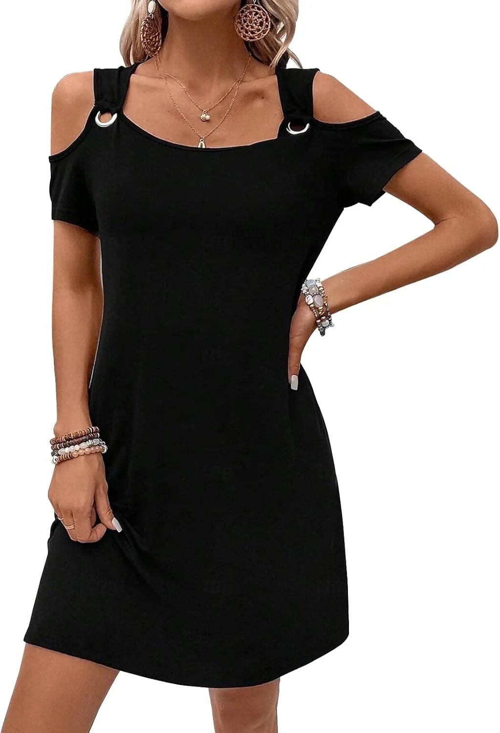 Womens Casual Summer Scoop Neck Dress Trendy Sexy O Ring Cold Shoulder Flowy Short Dress with Pockets