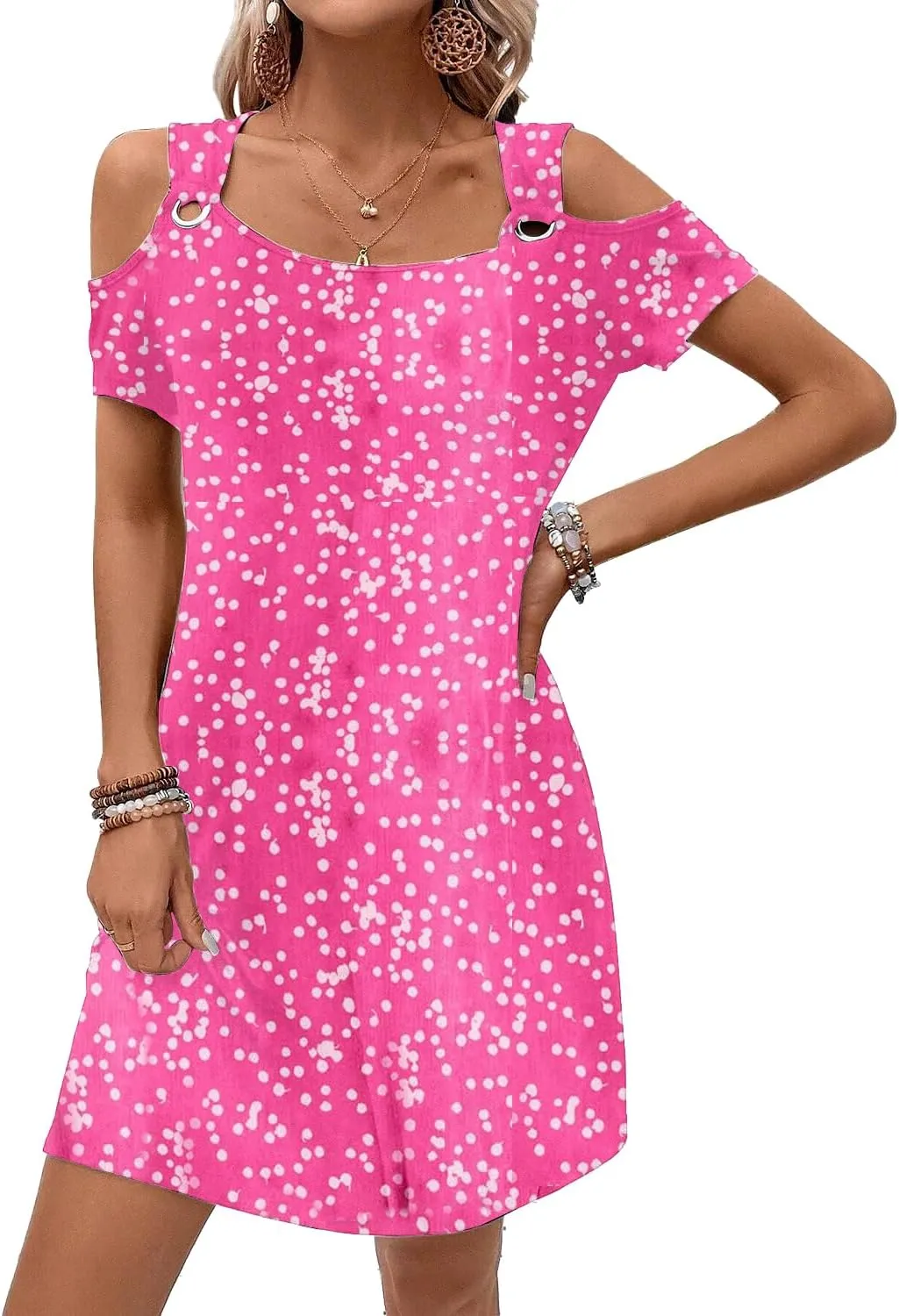 Womens Casual Summer Scoop Neck Dress Trendy Sexy O Ring Cold Shoulder Flowy Short Dress with Pockets