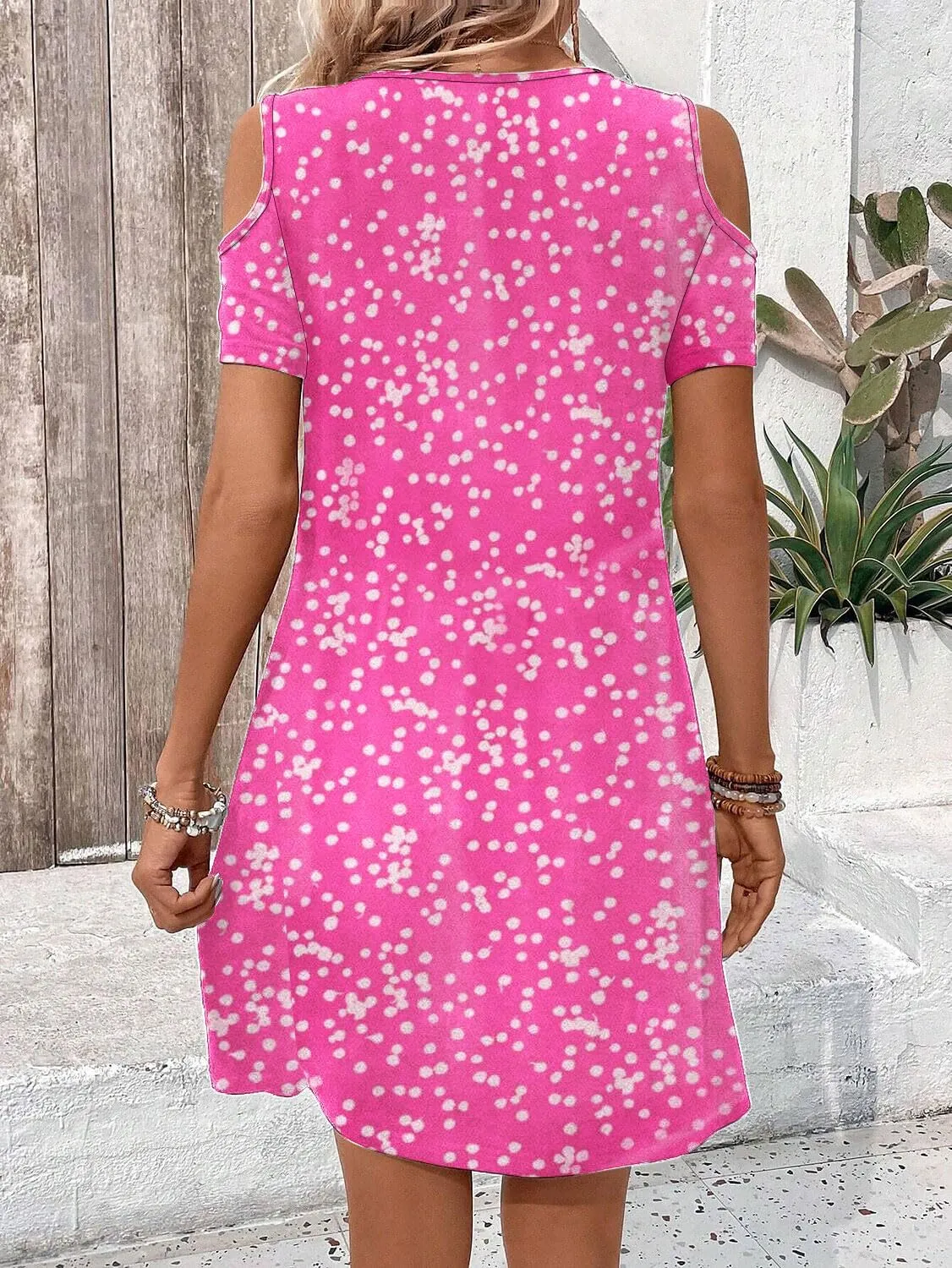 Womens Casual Summer Scoop Neck Dress Trendy Sexy O Ring Cold Shoulder Flowy Short Dress with Pockets