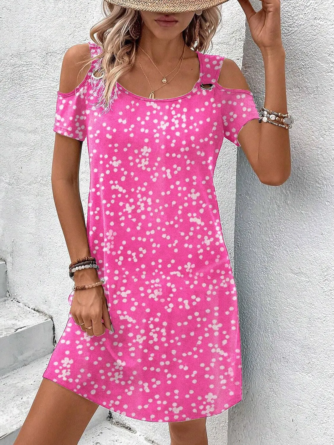 Womens Casual Summer Scoop Neck Dress Trendy Sexy O Ring Cold Shoulder Flowy Short Dress with Pockets