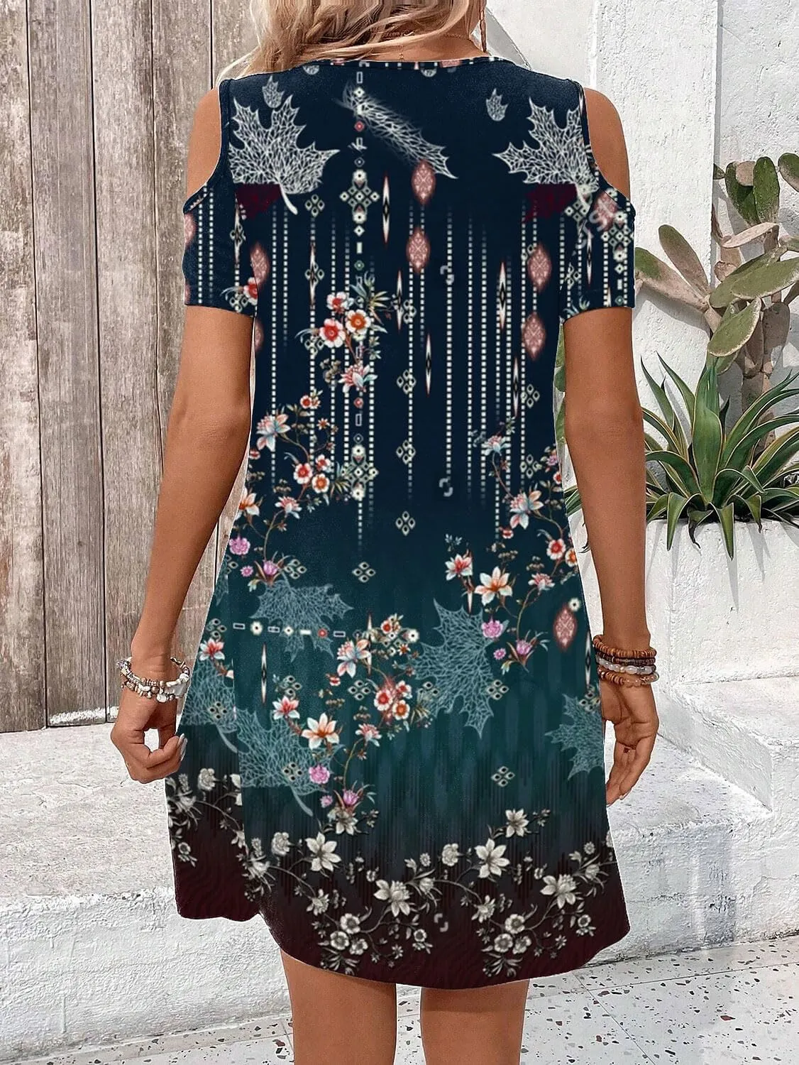 Womens Casual Summer Scoop Neck Dress Trendy Sexy O Ring Cold Shoulder Flowy Short Dress with Pockets