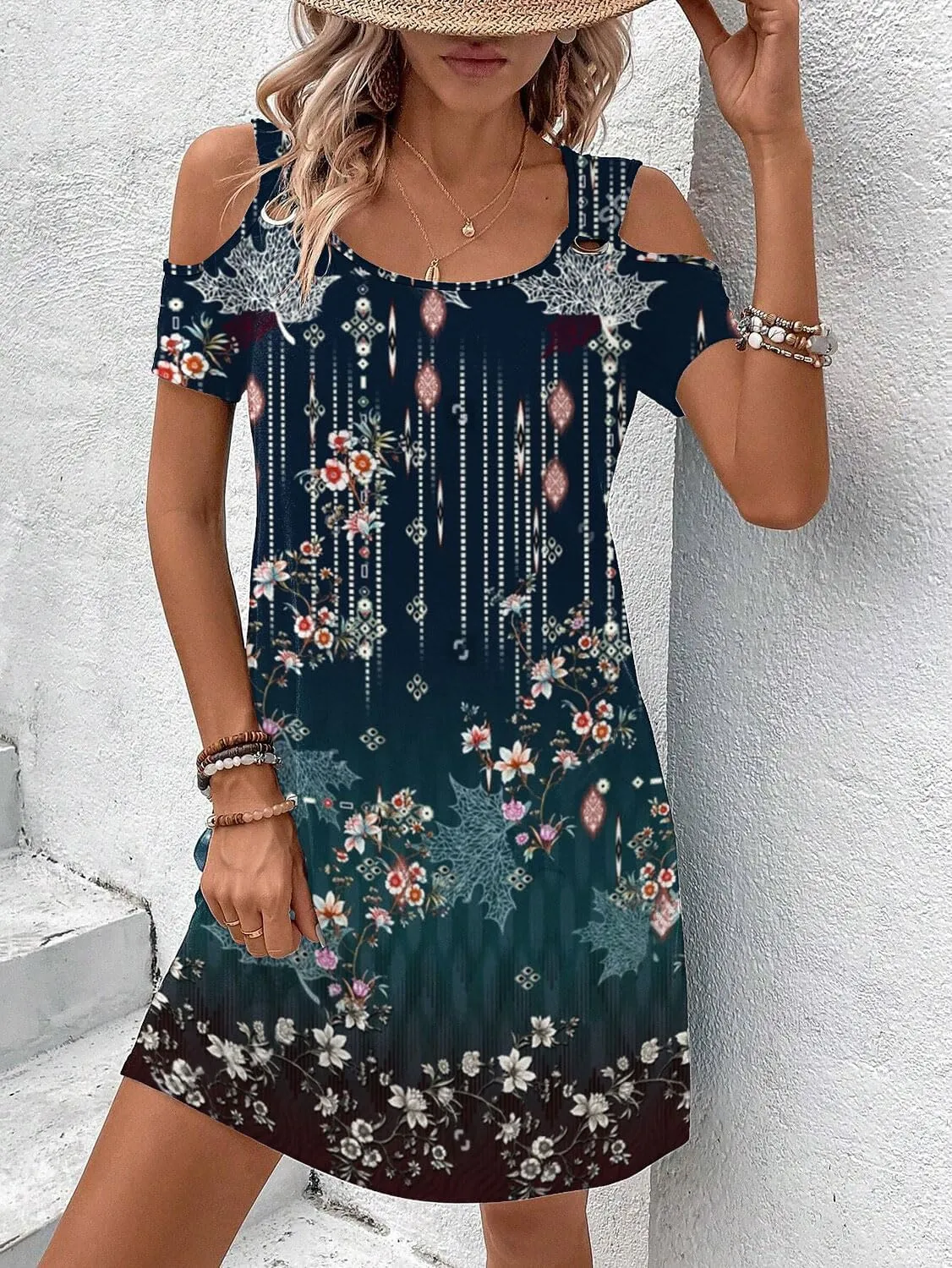 Womens Casual Summer Scoop Neck Dress Trendy Sexy O Ring Cold Shoulder Flowy Short Dress with Pockets