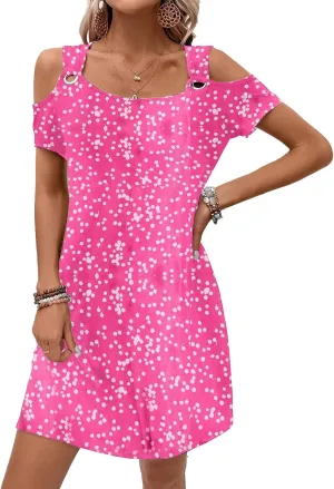 Womens Casual Summer Scoop Neck Dress Trendy Sexy O Ring Cold Shoulder Flowy Short Dress with Pockets