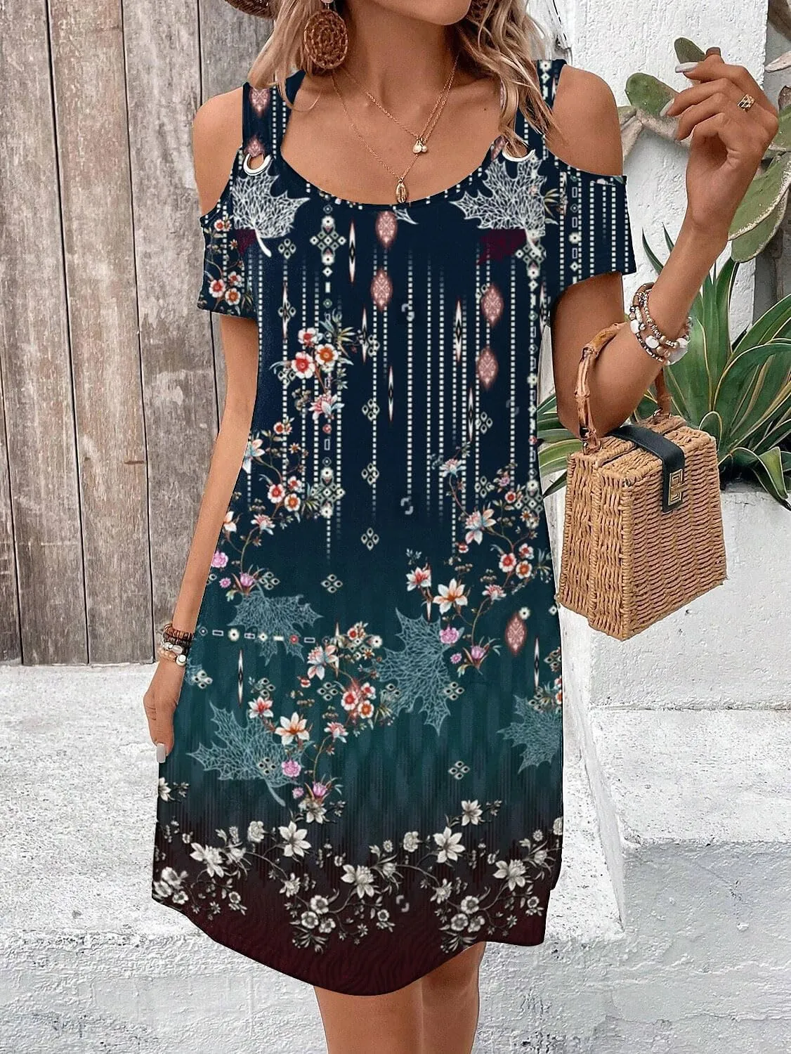 Womens Casual Summer Scoop Neck Dress Trendy Sexy O Ring Cold Shoulder Flowy Short Dress with Pockets