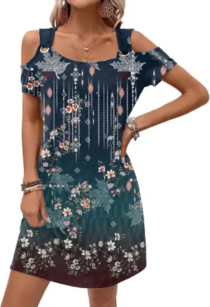 Womens Casual Summer Scoop Neck Dress Trendy Sexy O Ring Cold Shoulder Flowy Short Dress with Pockets