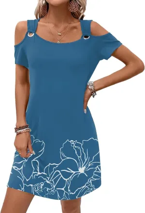 Womens Casual Summer Scoop Neck Dress Trendy Sexy O Ring Cold Shoulder Flowy Short Dress with Pockets