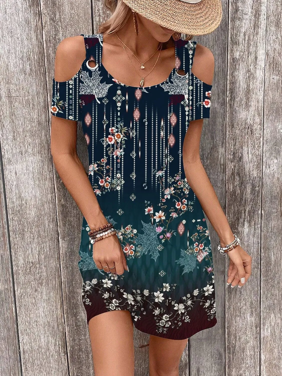 Womens Casual Summer Scoop Neck Dress Trendy Sexy O Ring Cold Shoulder Flowy Short Dress with Pockets