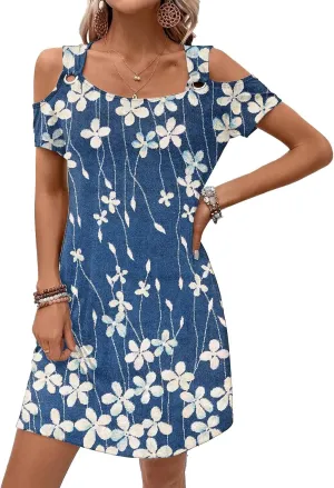 Womens Casual Summer Scoop Neck Dress Trendy Sexy O Ring Cold Shoulder Flowy Short Dress with Pockets