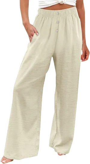 Women's Casual Wide Leg Pants Summer High Waisted Cotton Linen Palazzo Pants Boho Flowy Lounge Trousers