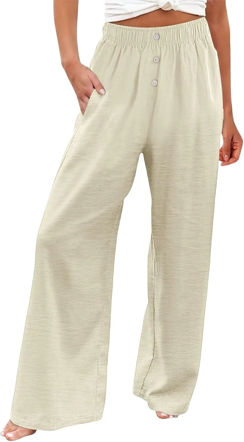 Women's Casual Wide Leg Pants Summer High Waisted Cotton Linen Palazzo Pants Boho Flowy Lounge Trousers