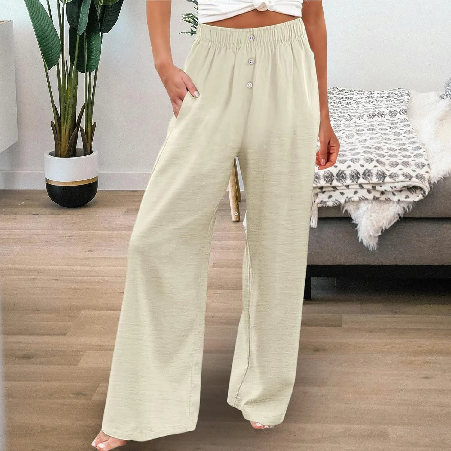 Women's Casual Wide Leg Pants Summer High Waisted Cotton Linen Palazzo Pants Boho Flowy Lounge Trousers